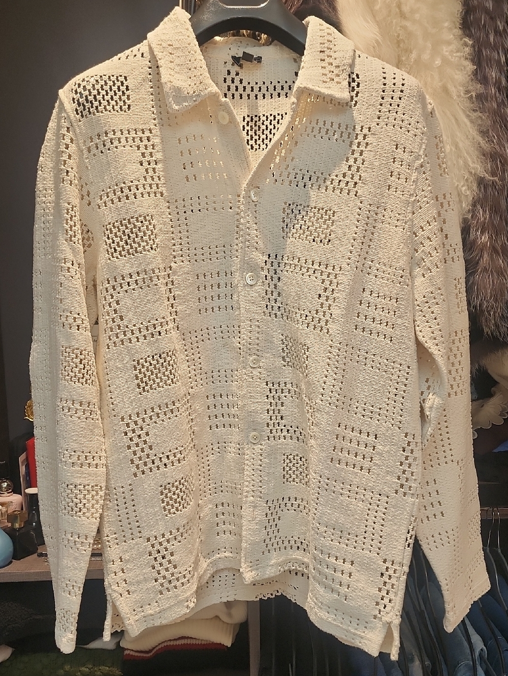 Todd Snyder Cream Open-Knit Crochet Shirt